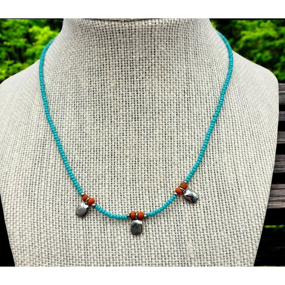Faux Turquoise Seed Bead Necklace NY & Co Silver Tone Accents Boho Tribal